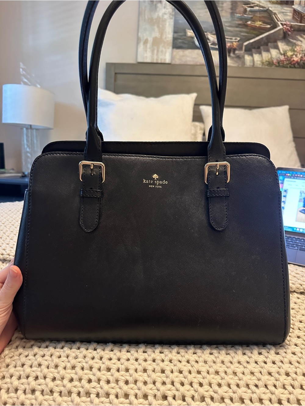 kate spade Black Leather Satchel with Gold Hardware